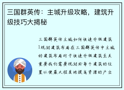 三国群英传：主城升级攻略，建筑升级技巧大揭秘